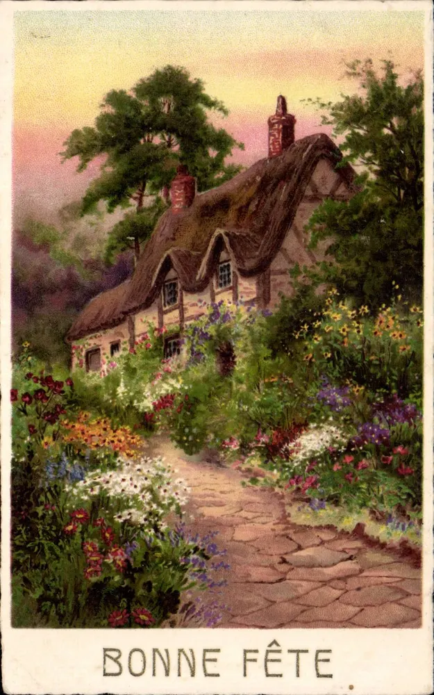 Cottage in einem blühenden Garten — Frohe Geburtstagskarte — unbekannter Verlag, Seriennummer 708 - Vorderseite