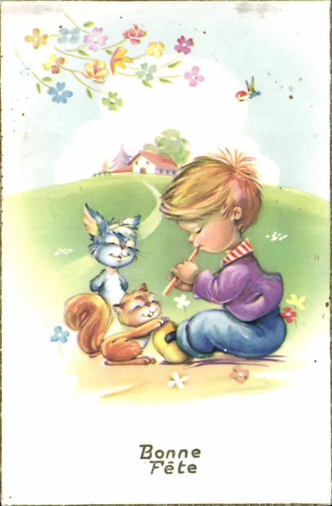 Kind, das eine Flöte spielt, mit Tieren — Éditions Univers, n° 487 - Vorderseite