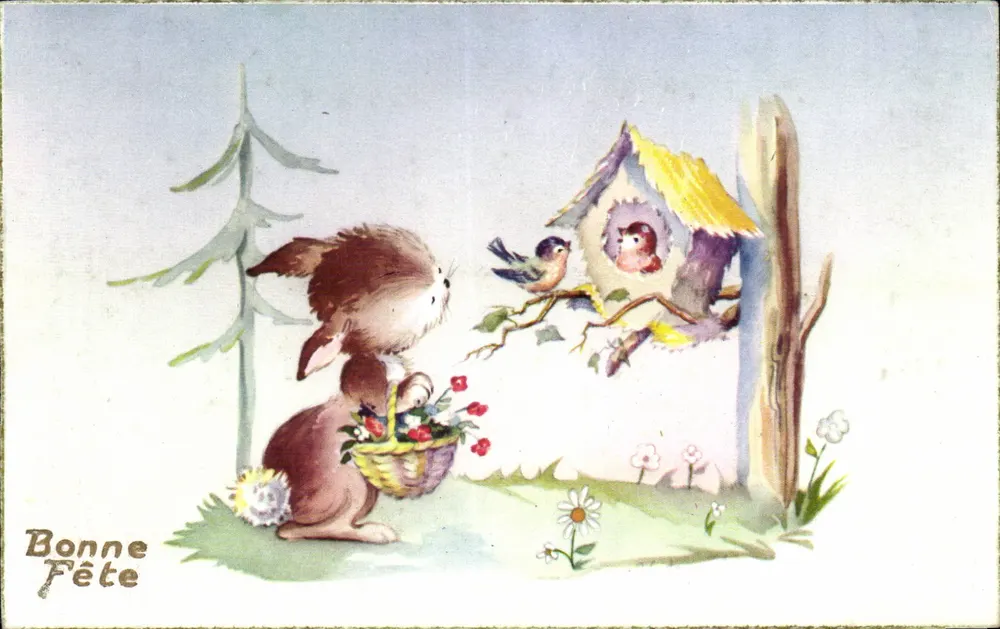 Kaninchen und Vögel — Frühlingsszene — Imprimerie Univers, Paris, N° 473 - Vorderseite
