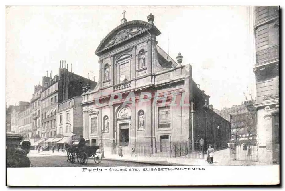Paris - Igreja de Santa Elisabeto do Templo — vista da fachada com carruagem e pedestres - Frente