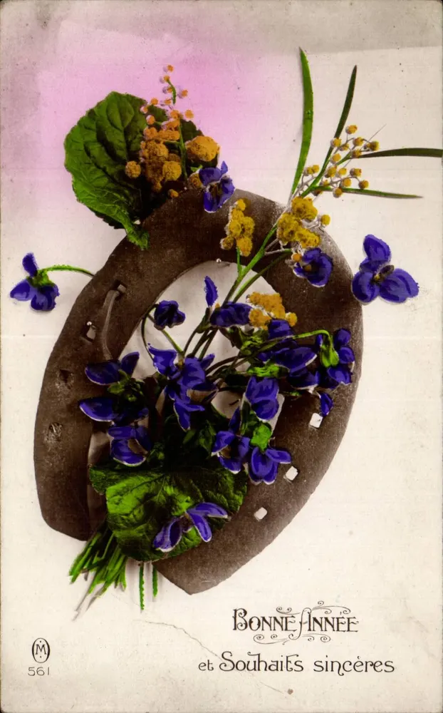 Hufeisen und Blumen — Frohes Neues Jahr und herzliche Grüße — M. 561 - Vorderseite