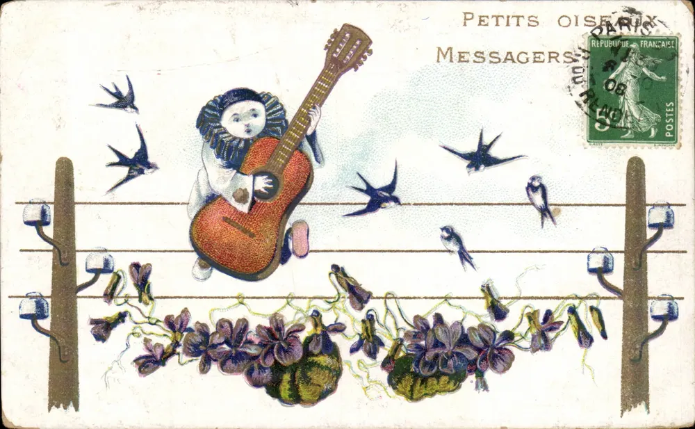 Kleine Botschaftervögel — Kind, das eine Gitarre spielt mit Vögeln — Verlag Paris - Vorderseite