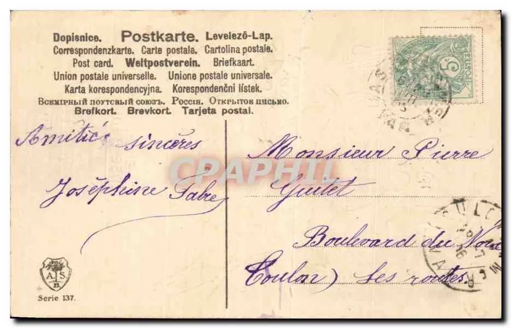 Bukiet fiołków i kwiatów wiosennych — Myśle o tobie — wydawca A.I.S. seria 137 - Rewers