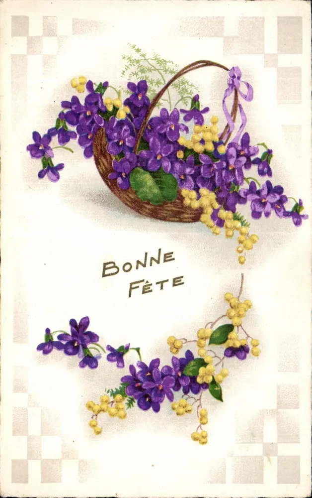 Mazzo di violle e mimosa — Buon compleanno — Fabr. Ationnaisaise - Recto