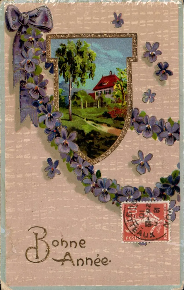 Bom Ano — decoração de violetas e paisagem — editor desconhecido, número de série não visível - Frente
