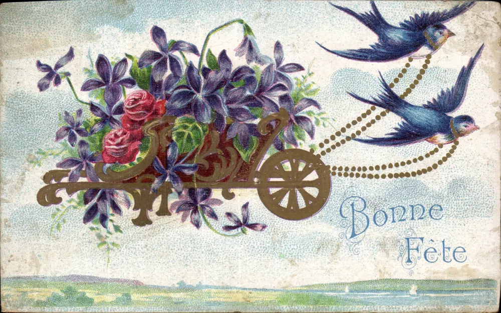 Carruagem de flores puxada por andorinhas — Boa Festa — editor desconhecido - Frente