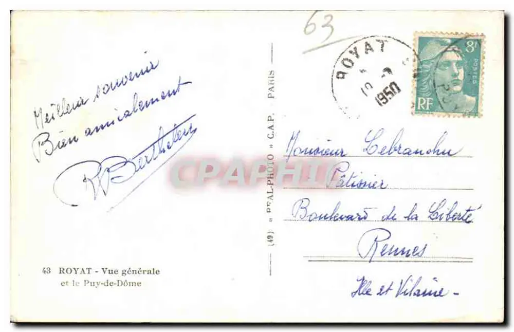 Royat — Visão geral e o Puy-de-Dôme — editor « PRALPHOTO » n°43 - Verso