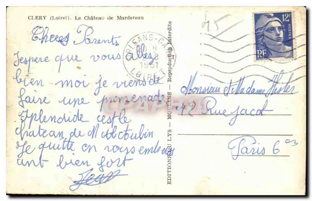 Castelo de Mardereau — Clery (Loiret) — Edições du Lys - Verso