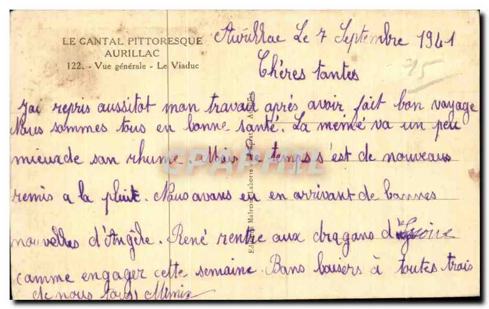 Aurillac — Vista geral — O Viaduto — Editor Maitre-Laborde, n° 122 - Verso