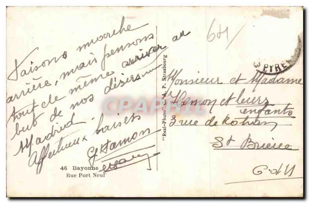Visão da rue de la République em Bayonne — editor 'Real-Photo C. A. P. Strasbourg' — número de série 641 - Verso