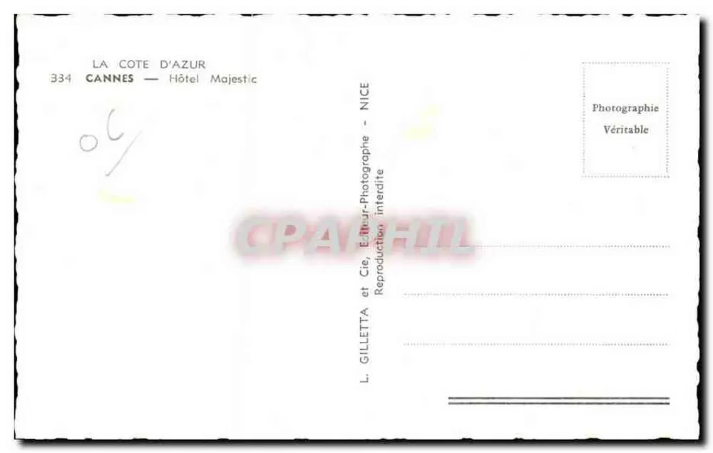 Hotel Majestic — Cannes — Editor L. Gilletta, NICE - Verso
