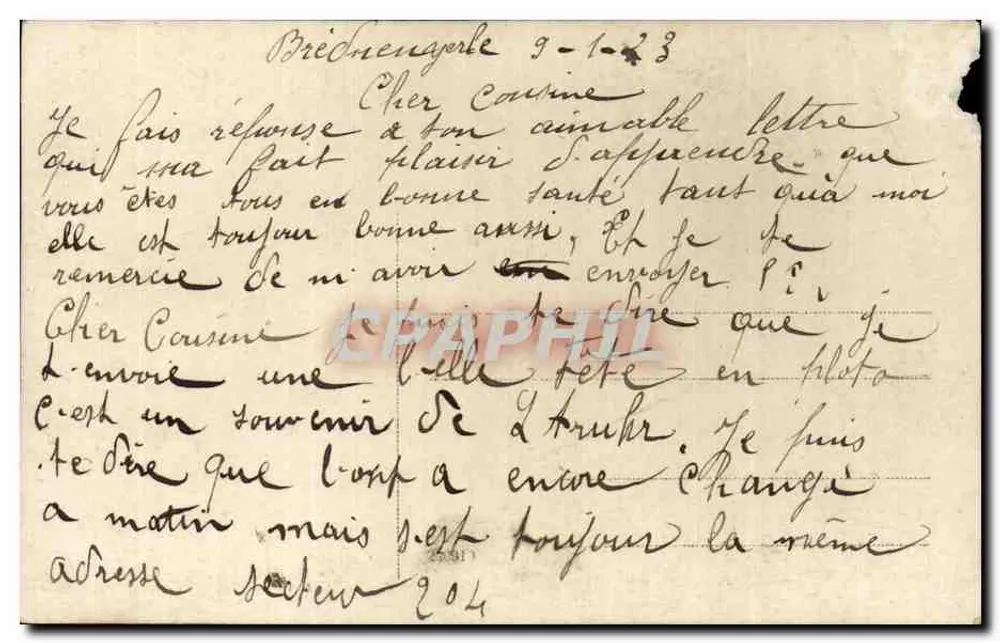 Drei Soldaten im Uniform — Pose mit Fahrrädern und Wagen — Brié-d'Angle (Frankreich) — datiert 9-1-23 - Rückseite