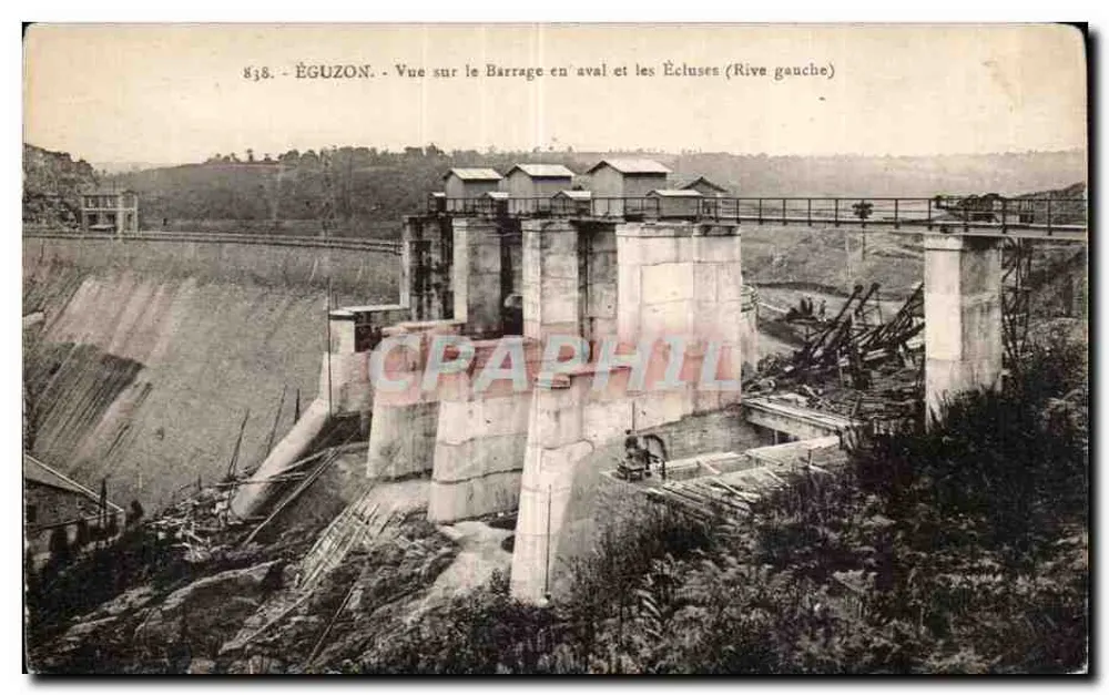 Éguzon — Ansicht des Staudamms stromabwärts und der Schleusen (linker Ufer) — Comptoir Général, 48, rue de Montmorency, Paris (3e) - Vorderseite