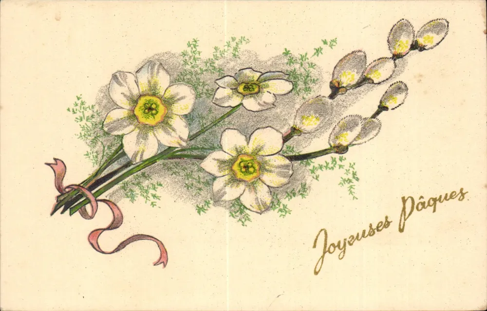Buquê de narcisos e galhos de salgueiro — Felizes Páscoas — Fabricação Francesa - Frente