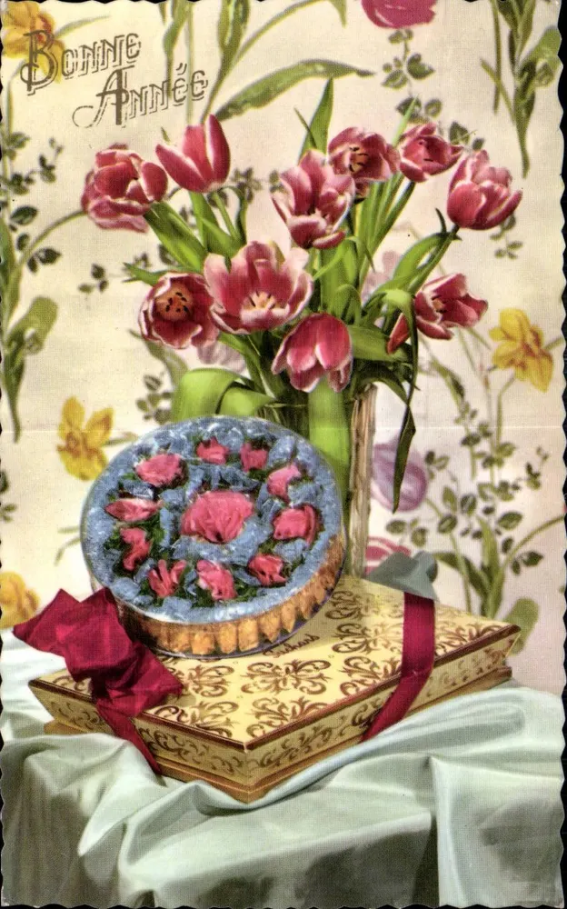 Arranjo de tulipas e caixa de chocolates — Boa Ano — Fotolcromo Glacien 1808 - Frente