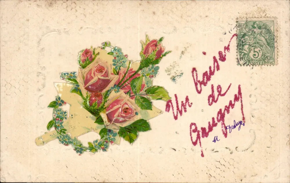 Arranjo de rosas — carta postal com mensagem manuscrita — editor Union postale universelle, número de série não visível - Frente