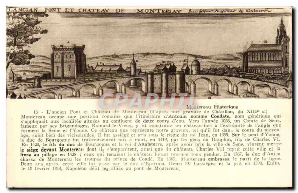 Der alte Brücke und Schloss von Montereau — historische Ansicht — C. Charlier, Nr. 13 - Vorderseite