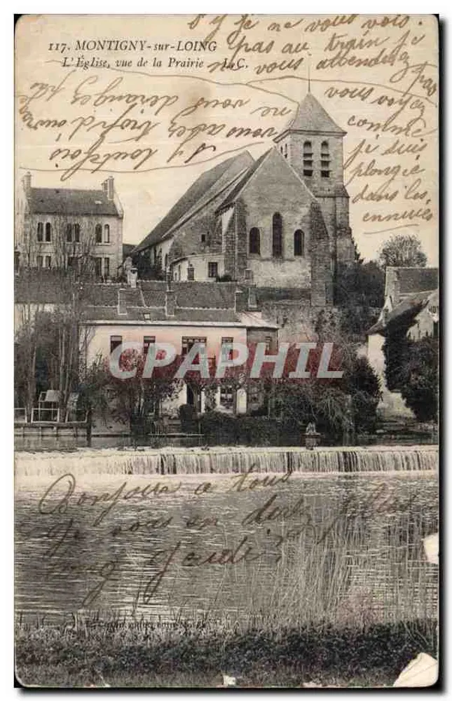 Montigny-sur-Loing — Blick auf die Kirche von der Wiese — Verlag A.C. Nr. 117 - Vorderseite