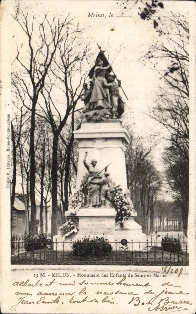 Melun, o Monumento dos Crianças de Seine-et-Marne — Thibault, editores, Melun-Fontainebleau, n° 23 M - Frente