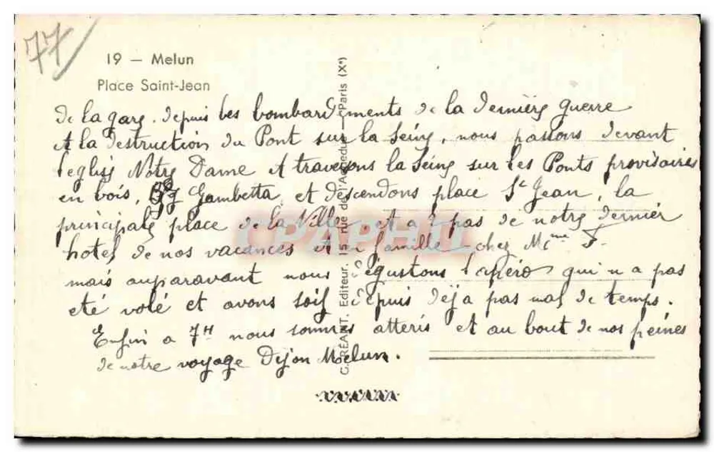 Melun — Praça Saint-Jean com fonte — Editor GREAT, n°19 - Verso