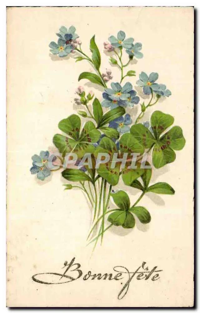Blumenbouquet aus blauen Blumen und Klee — Frohe Geburtstagskarte — Verlag unbekannt, Seriennummer nicht sichtbar - Vorderseite