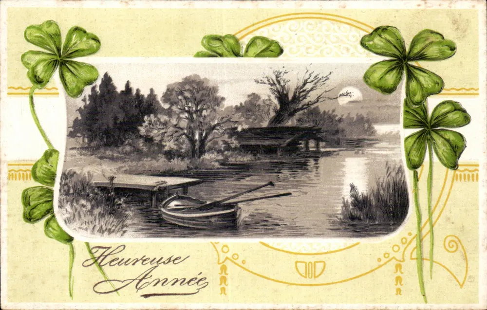 Frohes Neues Jahr — Seenlandschaft mit Boot — PAF Serie 6553 - Vorderseite