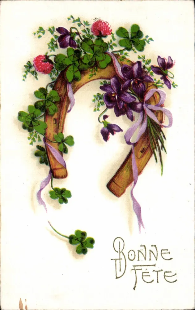 Hufeisen mit Kleeblättern und Blumen — Frohe Feier — Jimpunt - Vorderseite