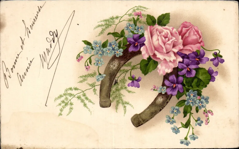 Hufeisen mit Blumen — dekorative Karteikarte — Verlag und Seriennummer nicht lesbar - Vorderseite