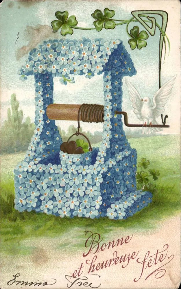 Bewehrter Brunnen — weißes Tier und Kleeblätter — Emma Trei - Vorderseite