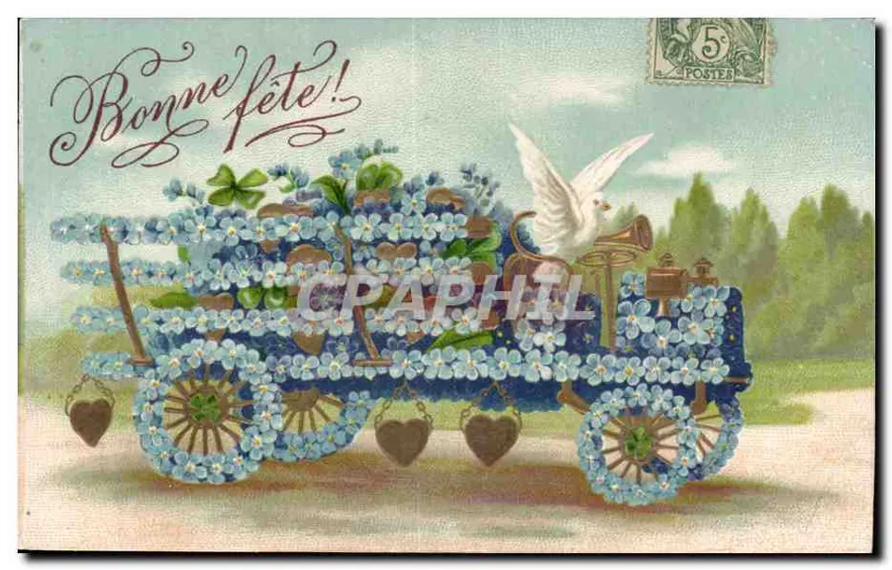 Train décoré de fleurs — scène de fête — éditeur Cartolina Postale (verso) et timbre 5c - Vorderseite