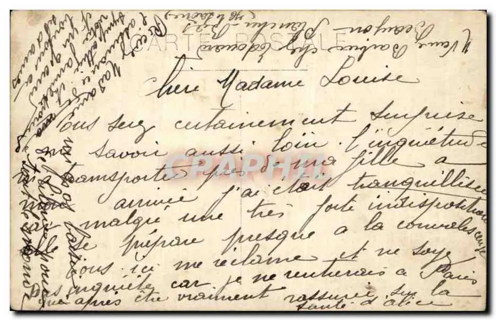 Menina e cachorro — jardim — Carta postal anônima - Verso