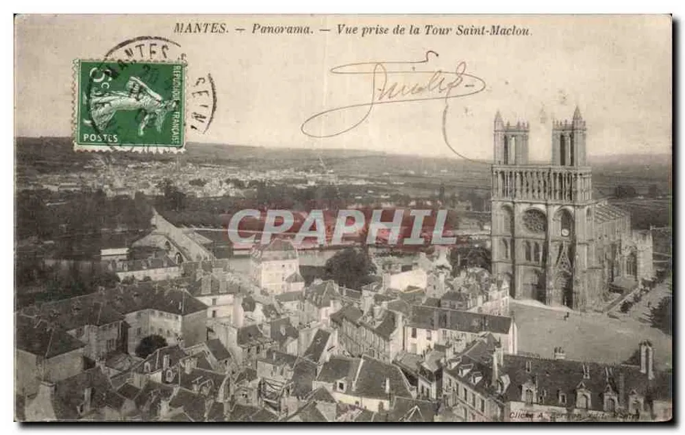 Mantes — Panorama — Vue prise de la Tour Saint-Maclou — Cliché A. Germain, Mantes - Recto