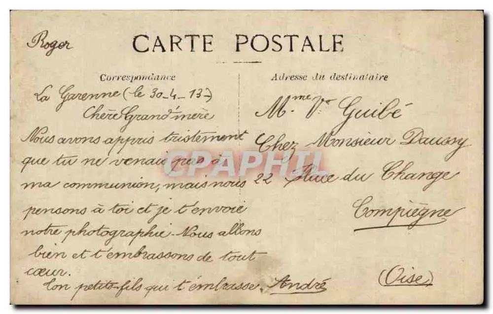 Zwei Jungen in historischer Kleidung — Photographie auf Ansichtskarte — Roger, Compiegne - Rückseite