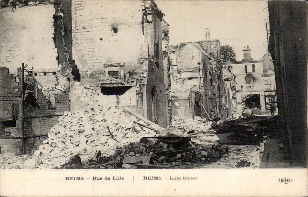 Reims — Rue de Lille — destruição após guerra — editor B.L.D. - Frente