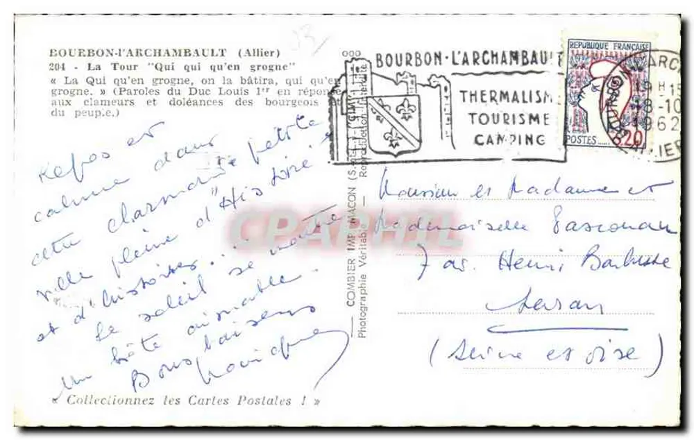 Bourbon-l'Archambault — Die Turm 'Qui qu'en grogne' — Comlier Imprimerie - Rückseite