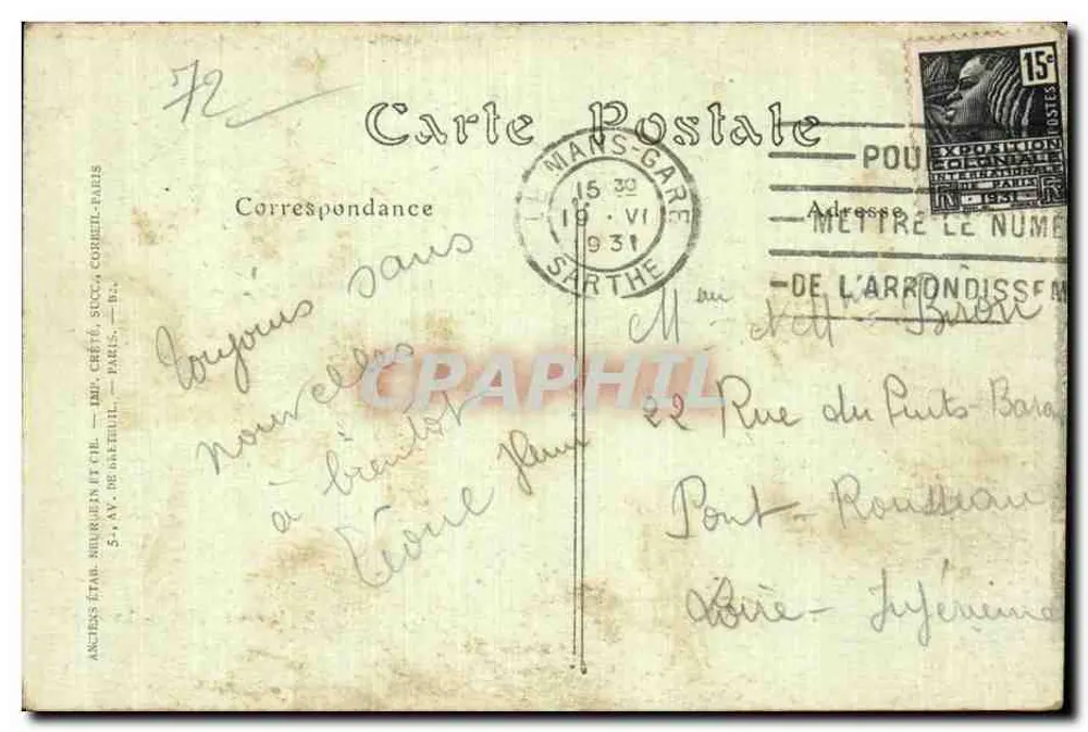 Pontlieue (Sarthe) — Denkmal errichtet zur Erinnerung an Soldaten, die für das Vaterland gestorben sind (1870) — R. Barbier, Verleger Le Mans - Rückseite