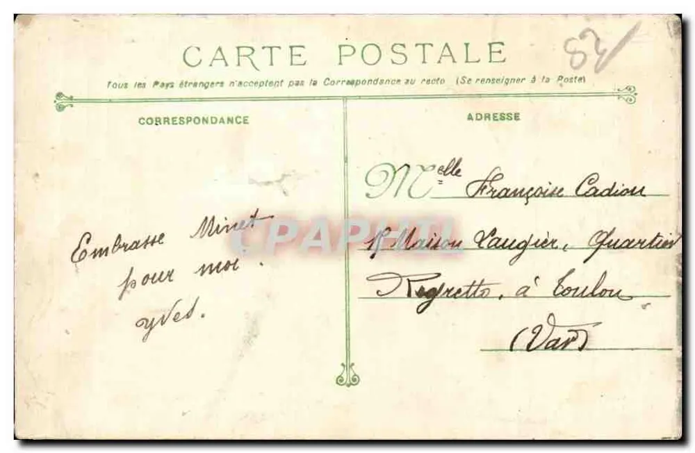 Toulon - Quai de Cronstadt - Le Courrier de Corse. — Phototypie Marino-Bat, Toulon, n°94 - Rückseite