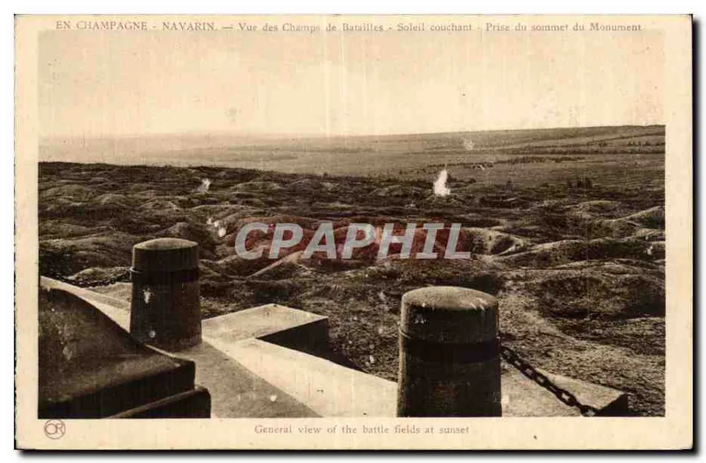 Champs de Batailles — Vue des champs de batailles au coucher du soleil — Prise du sommet du Monument — Éditeur : C. R. (imprimé en bas à gauche) - Vorderseite
