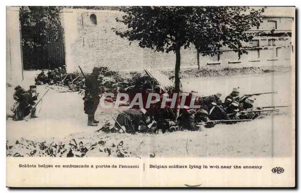 Belgische Soldaten, die in der Nähe des Feindes lauern — Soldats belges en embuscade à portée de l'ennemi — Verleger E.P.D. - Vorderseite