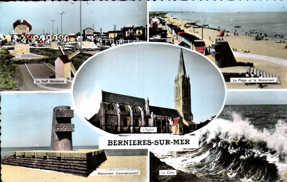 Bernières-sur-Mer — Vista panorâmica com igreja, praia e monumento — Éditions Gaby - Frente