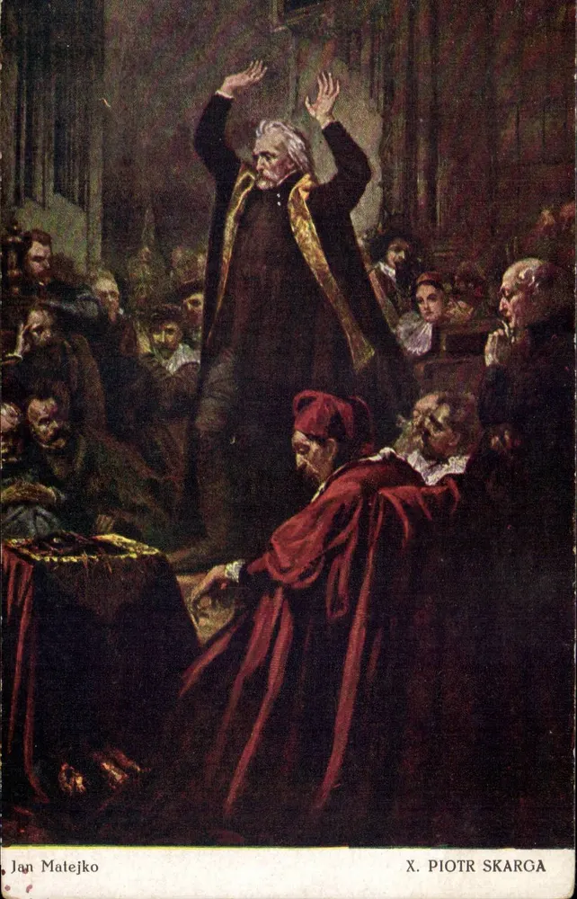 Piotr Skarga — Discurso diante de uma assembleia — pintura de Jan Matejko — editor: Wydawnictwo Salonu Malarzy Polskich w Krakowie, série 145/6 - Frente