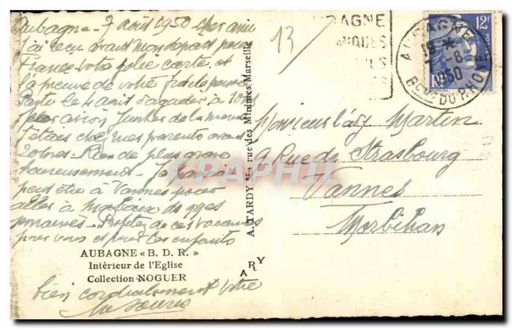 Binnenkant van de kerk van Aubagne — Collectie Noguer — uitgever A. Tardy « B. D. R. » - Achterkant
