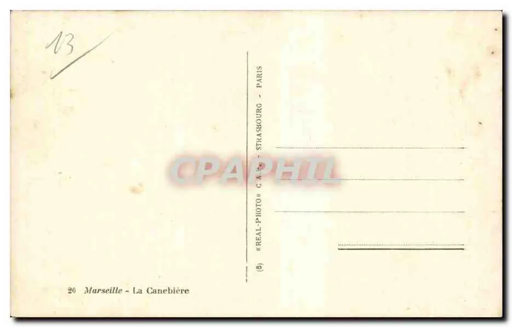 Marseille - La Canebière — Ansicht der Straße mit dem Grand Hotel und den Galeries de Paris — Verlag C.A.P. Nr. 26 - Rückseite