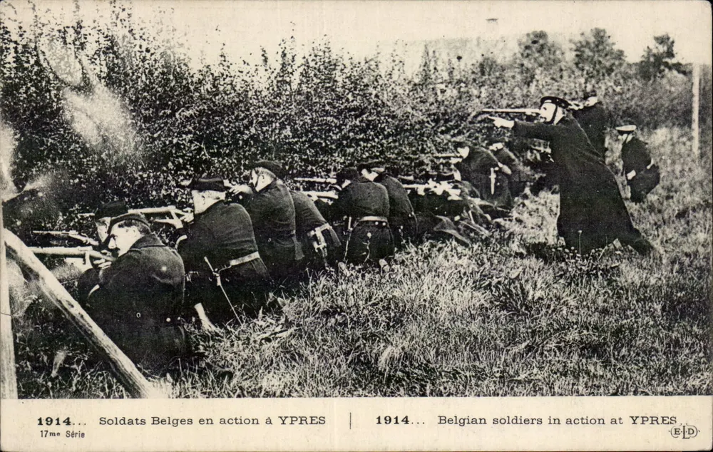 Belgische Soldaten in Aktion in YPRES — 1914 — 17. Serie — Verlag E.D. - Vorderseite