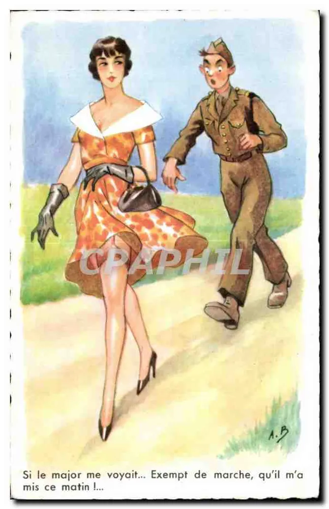 Frau in orangefarbenem Kleid und Soldat — humorvoller Moment — A.B. (Künstler) / G. Picard (Verlag) - Vorderseite