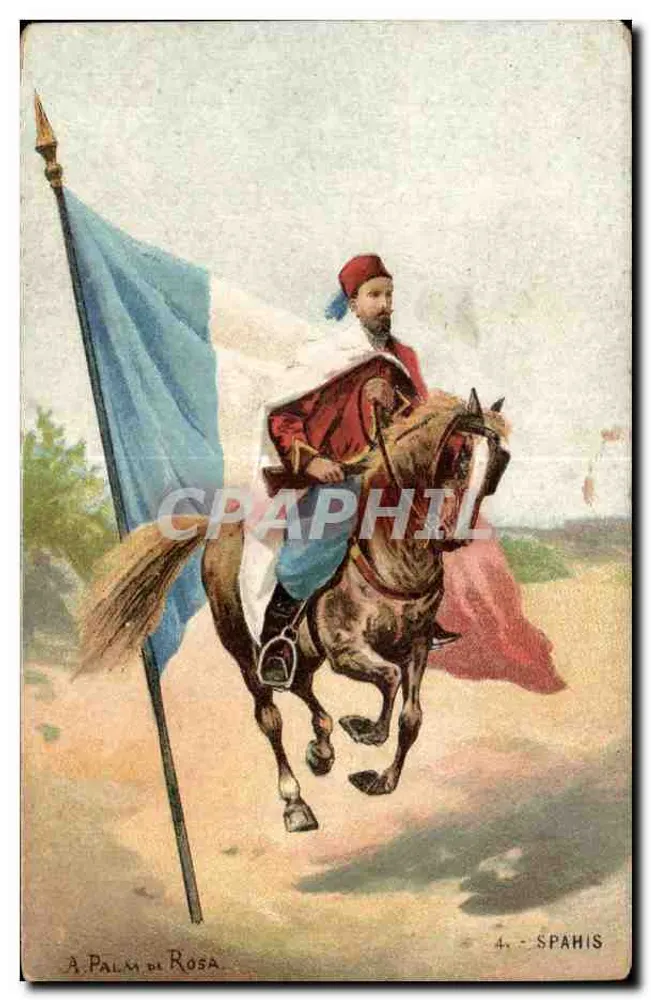 Spahis — cavalier à cheval avec drapeau français — A. Palm de Rosa, n°4 - Anverso