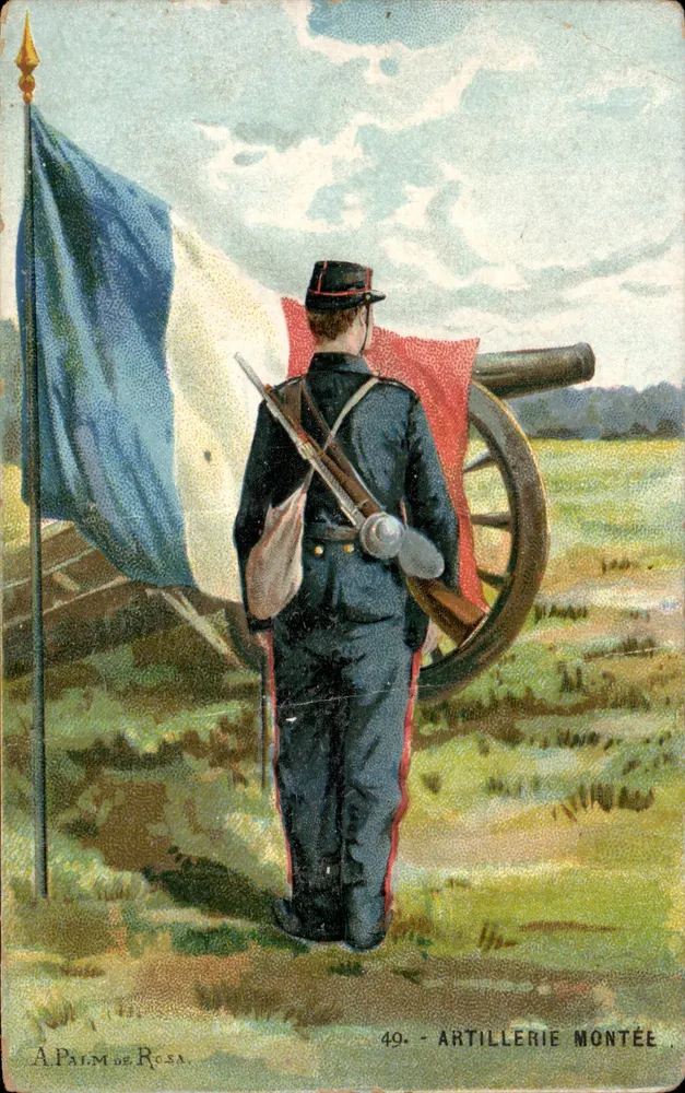 Artillerie montée — Soldat face à un canon et drapeau tricolore — A. Palm de Rosa, n°49 - Frente