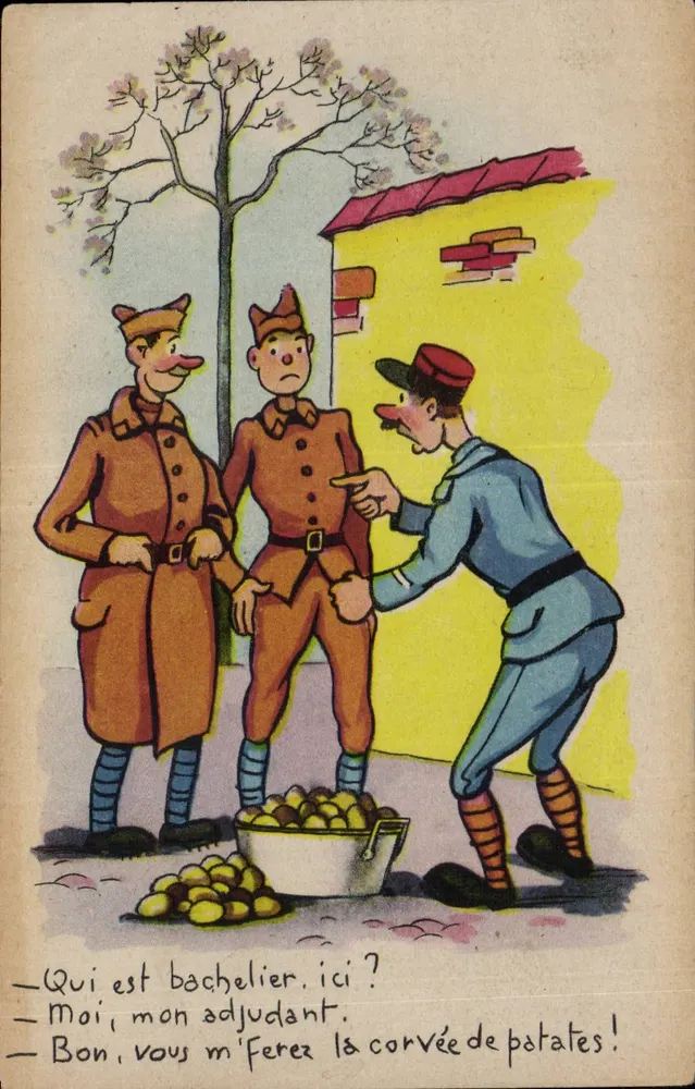 Soldaten und Adjutant — Szene der Kartoffelarbeit — Druckerei Frankreich - Vorderseite