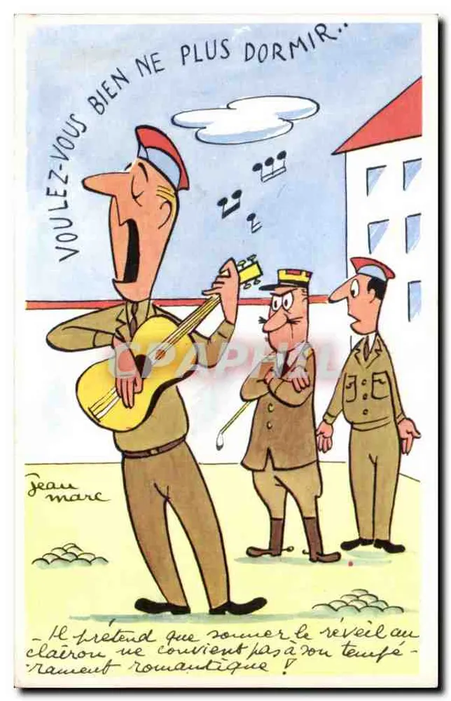 Soldat, der Gitarre spielt — Karikatur — Jean Marc, Verlag R. Hamel, Nr. 185 - Vorderseite