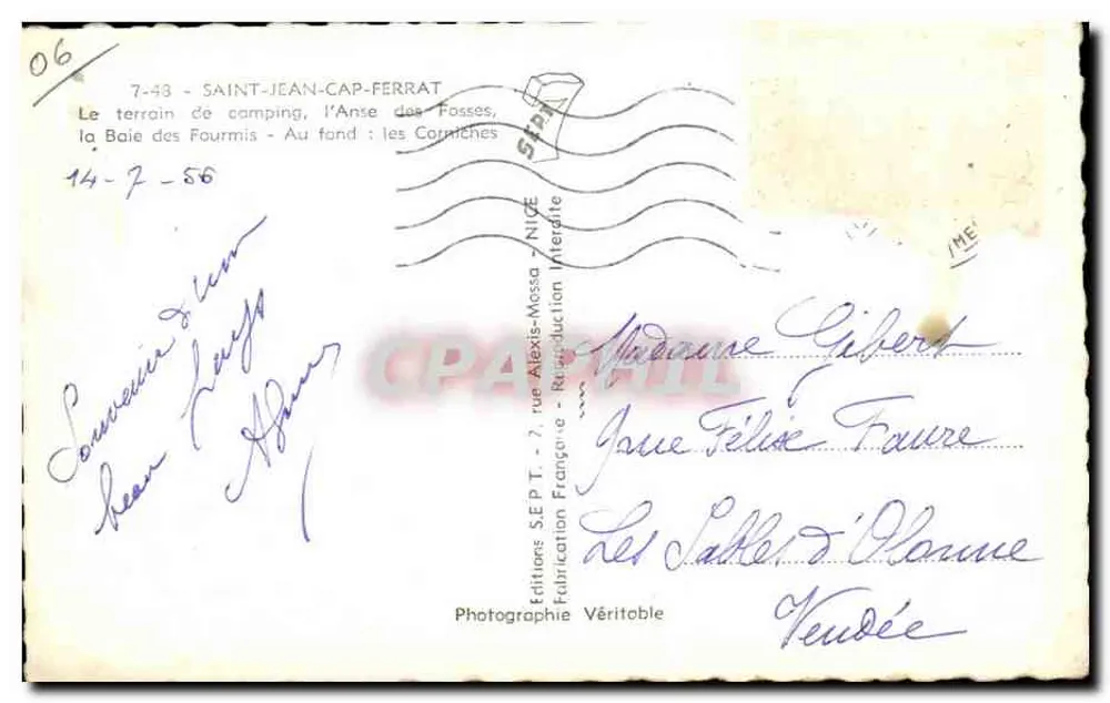 Saint-Jean-Cap-Ferrat — Terreno de camping, l'Anse des Fosses, a Baía das Formigas — No fundo: as Corniches — Edições S.E.P.T. - Fabricação Francesa - Fotográfica Verdadeira - Verso
